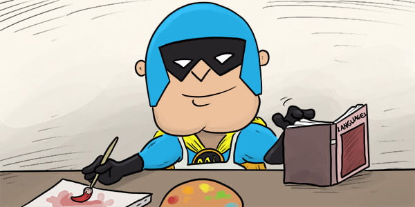 Dev Man with paint and language book.