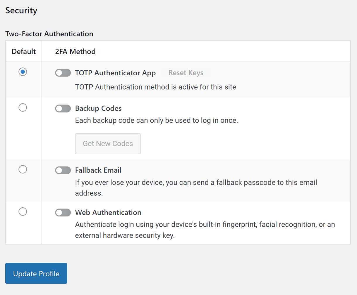 Defender Two-factor authentication in user profile