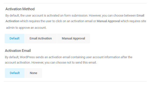 Select user account activation method in Forminator registration form