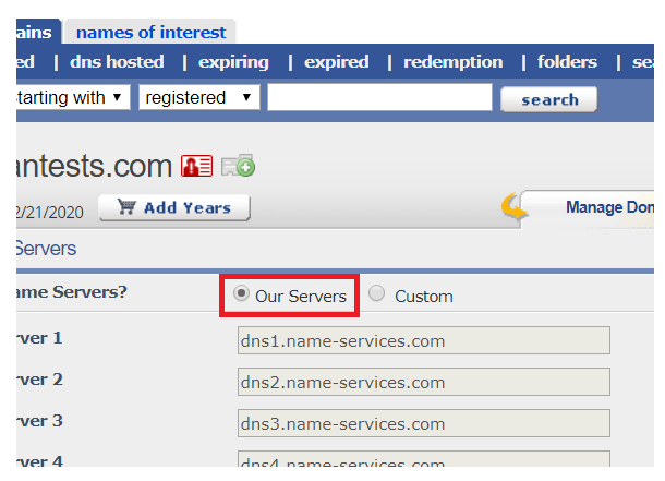 custom server records eNom