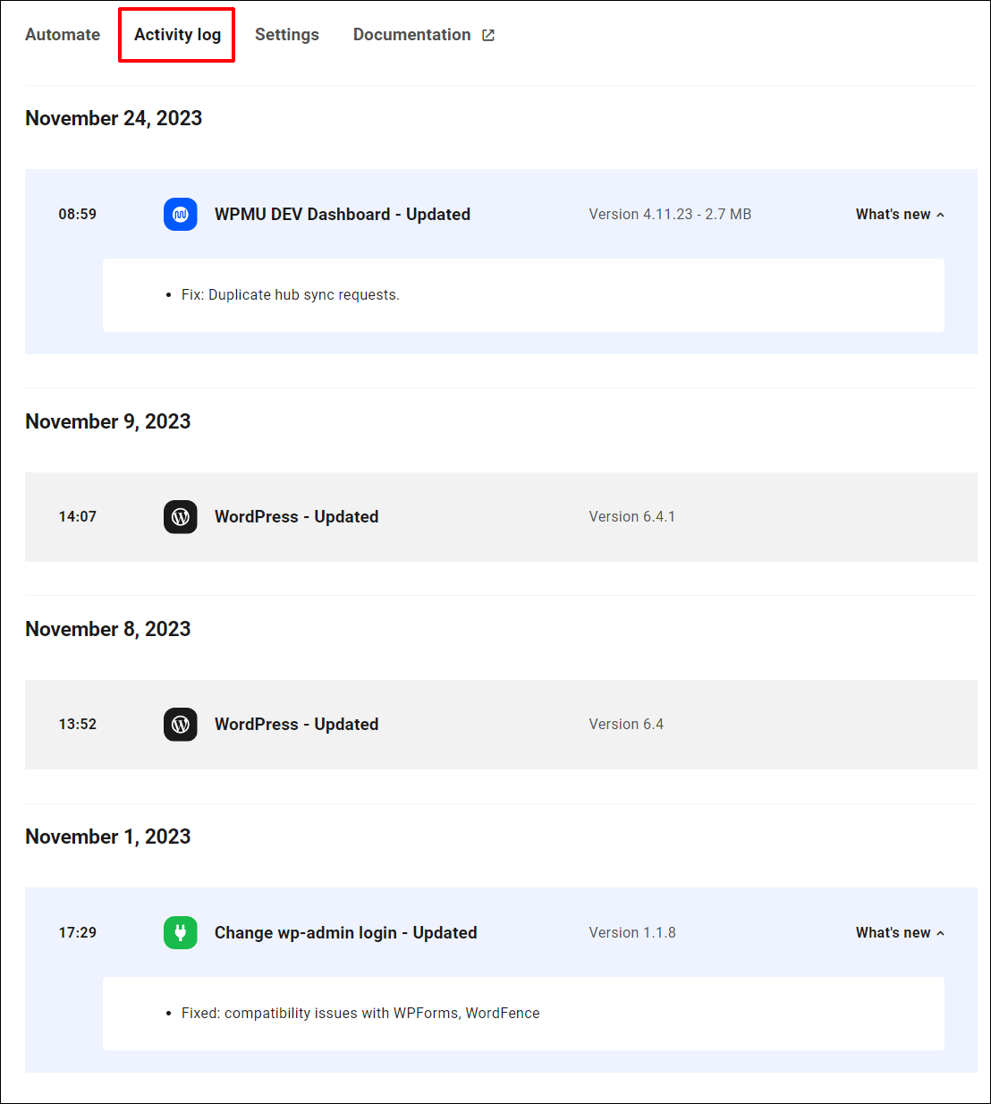 The Hub - Automate - Activity Log