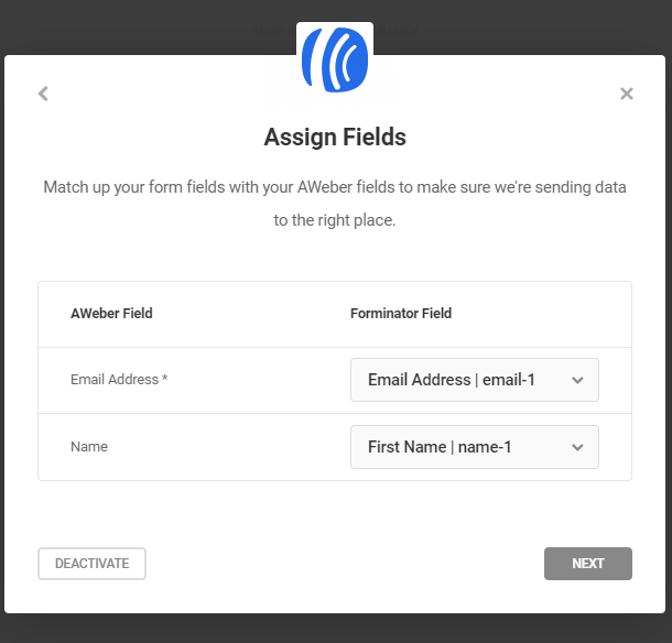 Map Aweber fields to Forminator fields