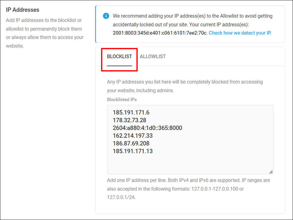 Defender IP Addresses - Blocklist section