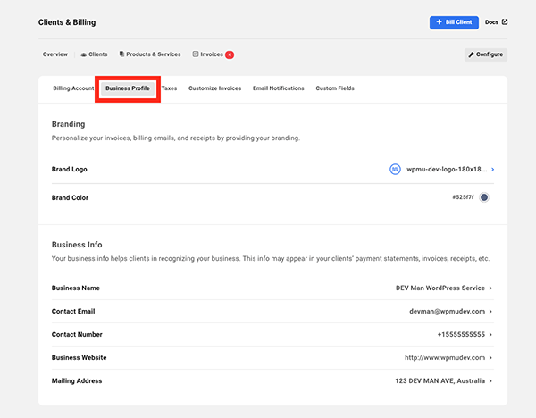 The business profile tab
