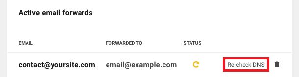 Allows the user to verify that a site’s DNS records are correctly configured for email forwarding.