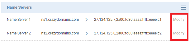 Clicking the Modify link to edit the name servers
