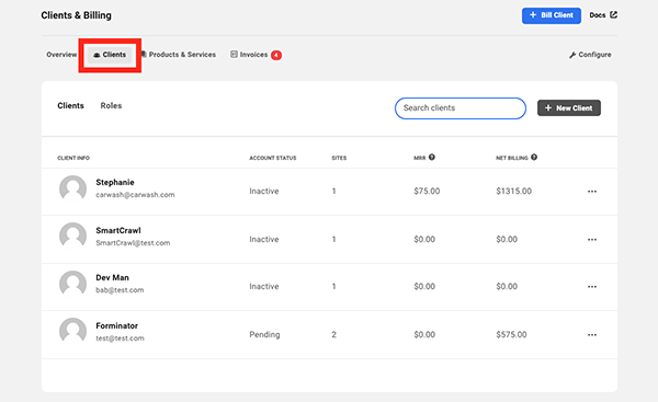 The clients tab