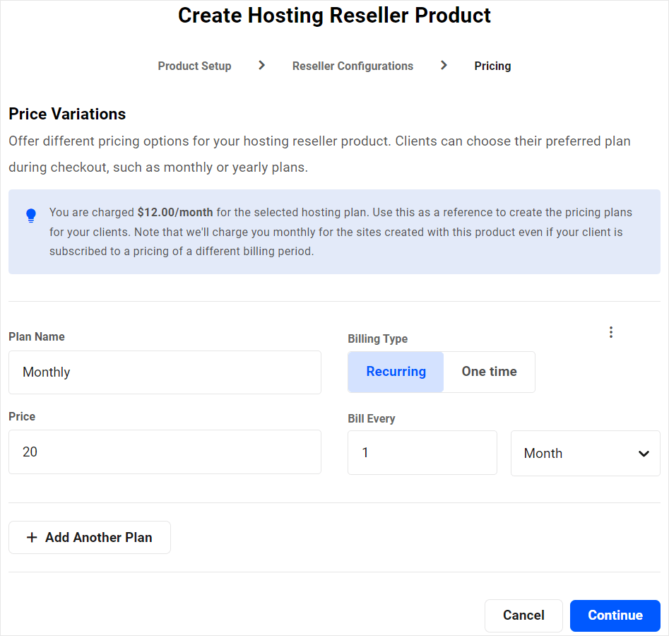 Create Hosting Reseller Product wizard - Pricing screen.