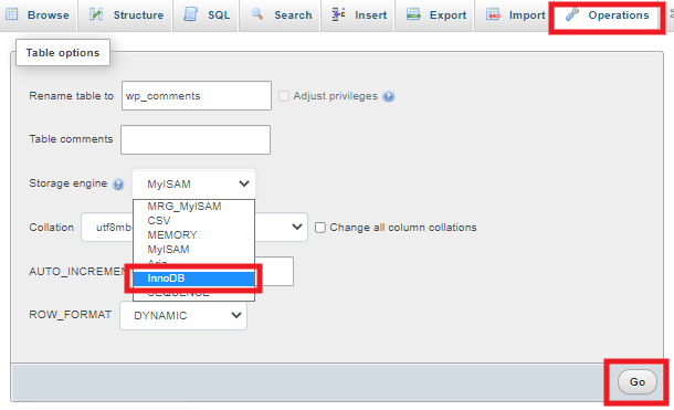 Converting tables using MyISAM in phpMyAdmin