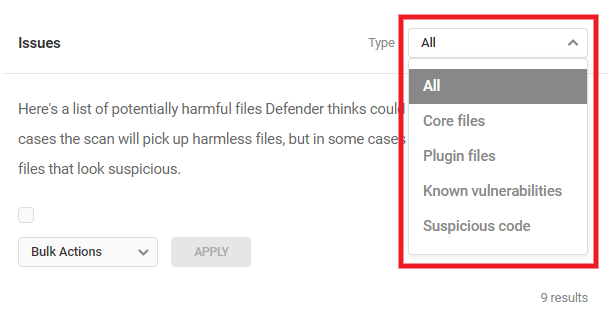 Defender Malware Scan issue types filter