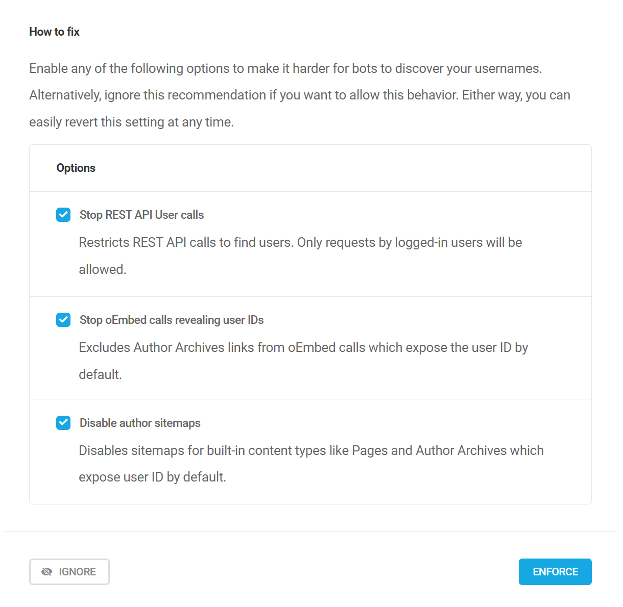 Prevent user enumeration security recommendation options