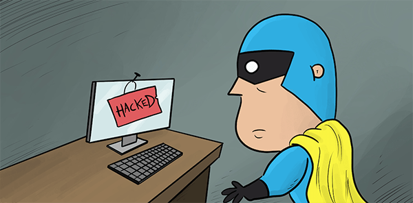 Dev Man in front of a hacked computer.