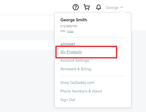 GoDaddy My products account link