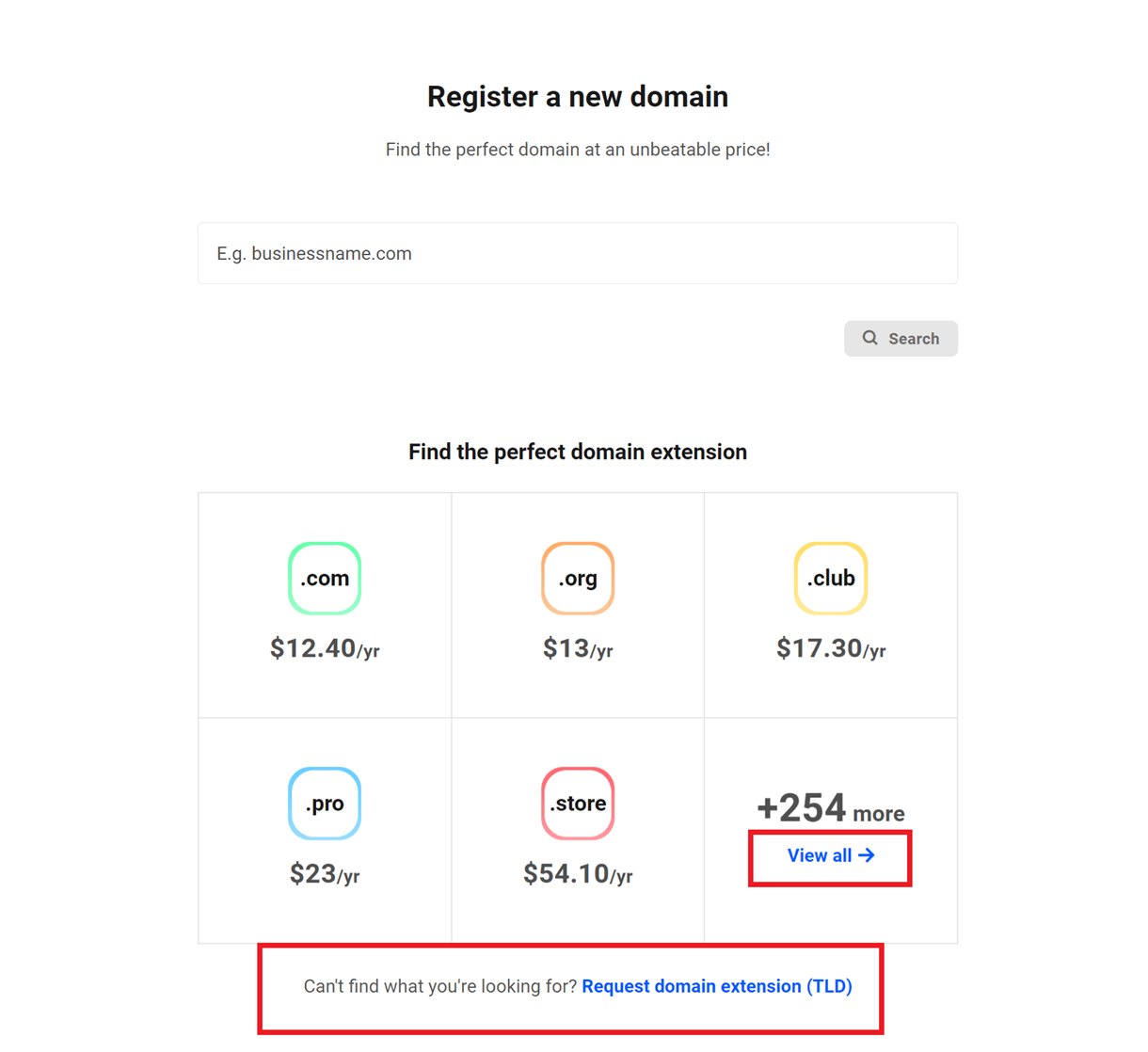 Search for a new domain to register in the Hub
