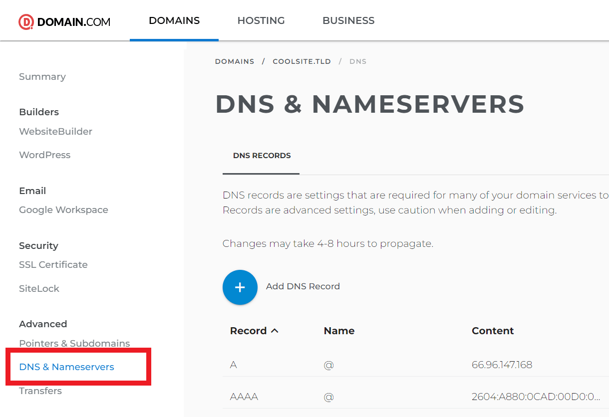 DNS settings at Domain.com