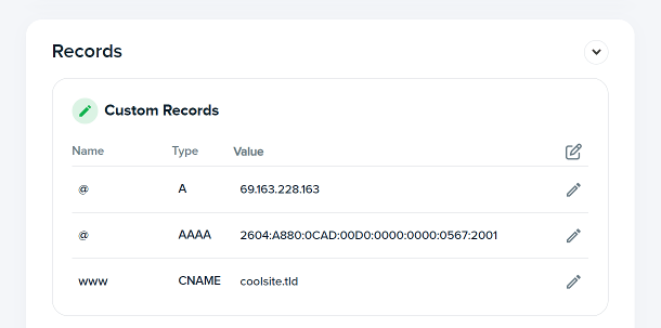 Using A & AAAA records at Dreamhost