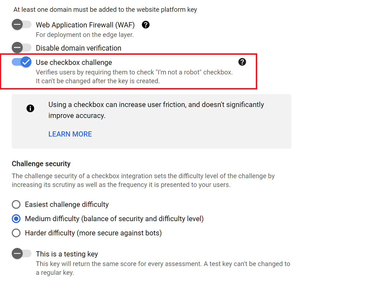 Enable checkbox challenge option