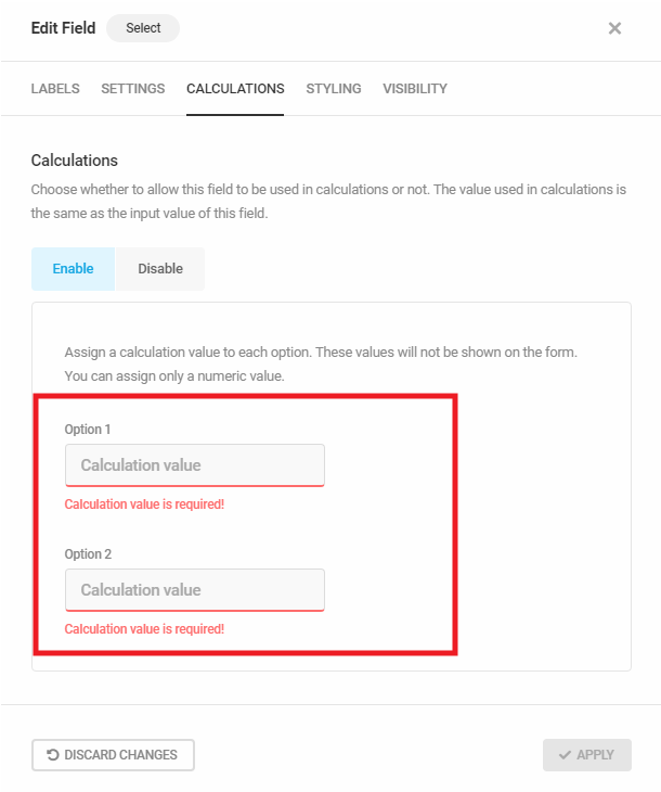 Enable option in a Forminator Select field to use in calculations