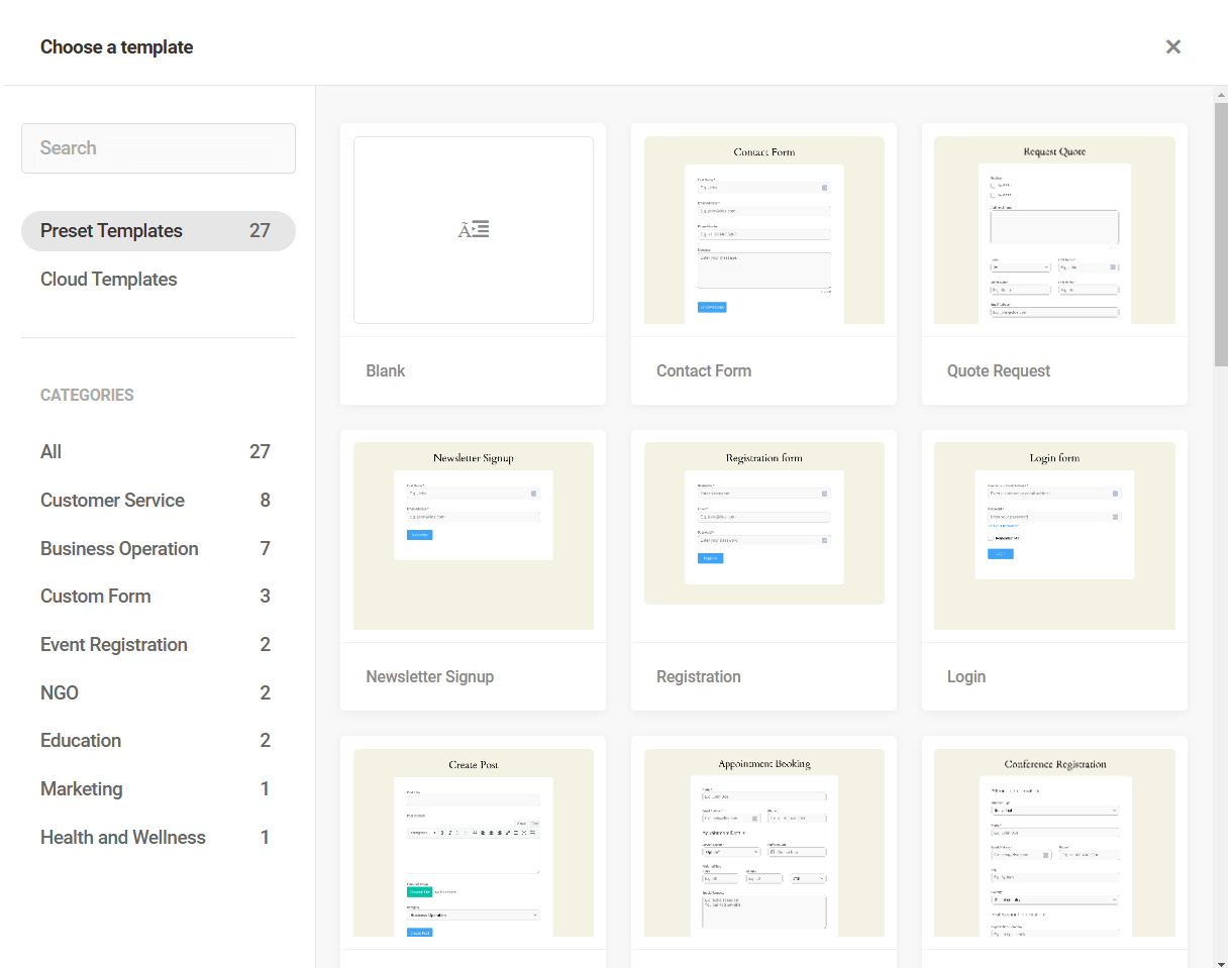 Select template for new form in Forminator