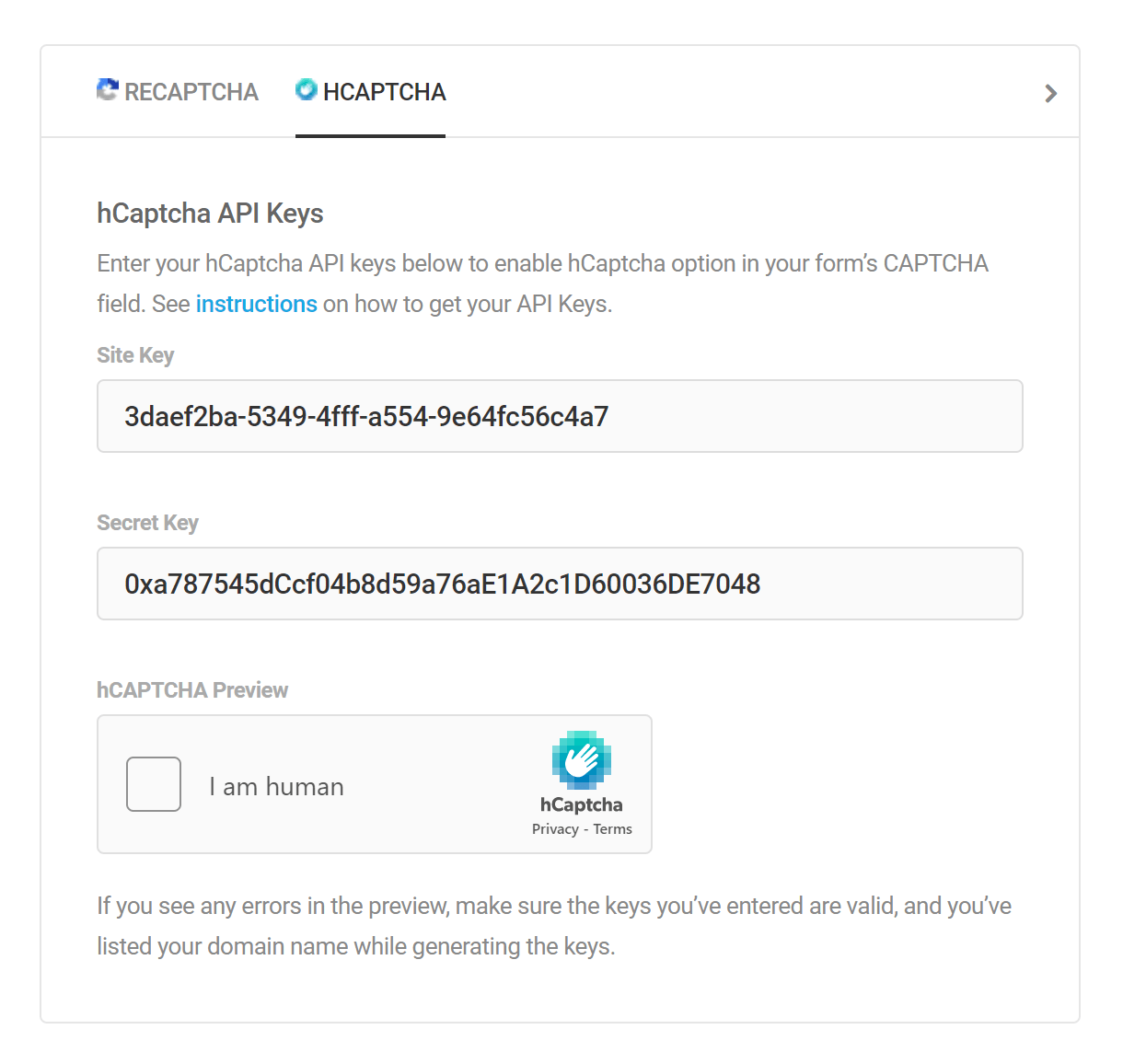 hCaptcha options in Forminator
