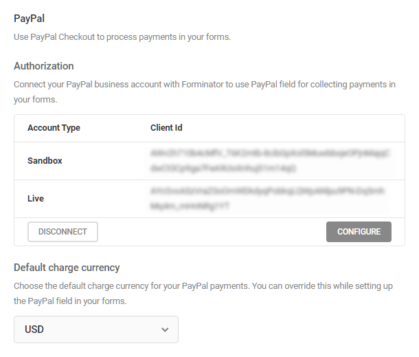 PayPal successfully connected with Forminator