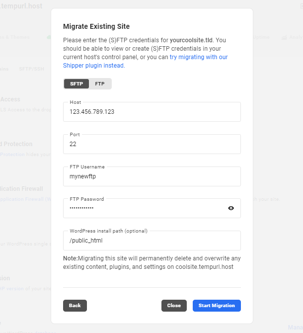 Adding FTP credentials to Hub migration tool
