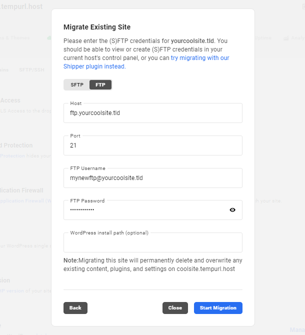 Adding FTP credentials to Hub migration tool
