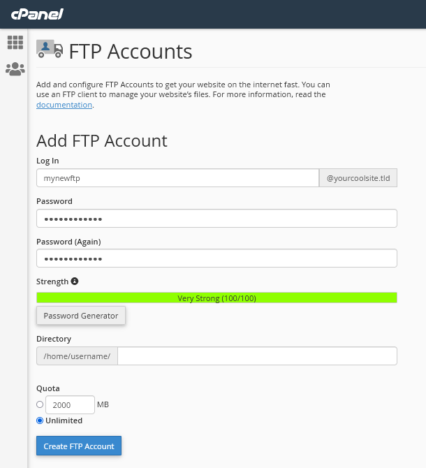 Creating a new FTP account in cPanel