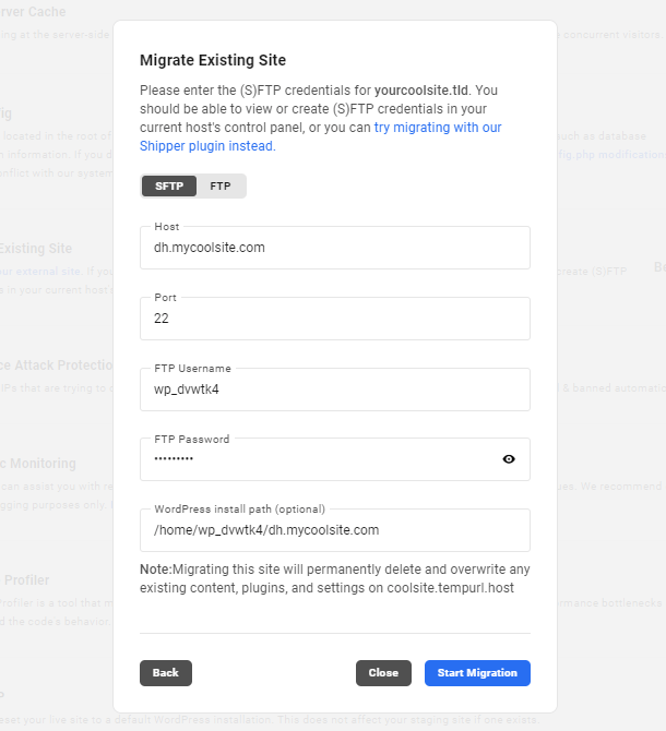 Adding FTP credentials to Hub migration tool