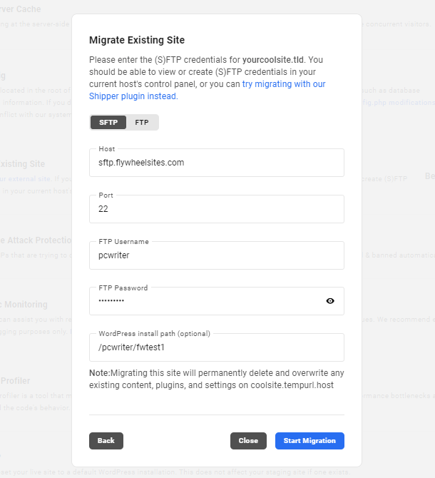 Adding FTP credentials to Hub migration tool