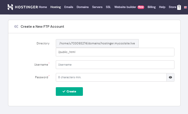 Creating a new FTP account at Hostinger