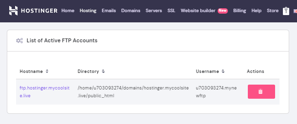 New FTP account created at Hostinger