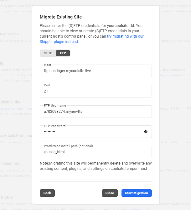 Adding FTP credentials to Hub migration tool