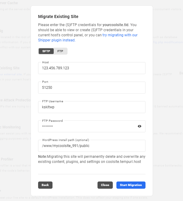 Adding FTP credentials to Hub migration tool