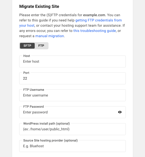 FTP manual migration form in the Hub