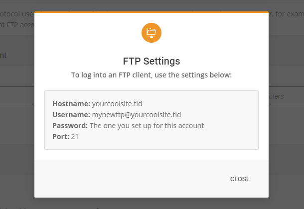 FTP account credentials at Siteground