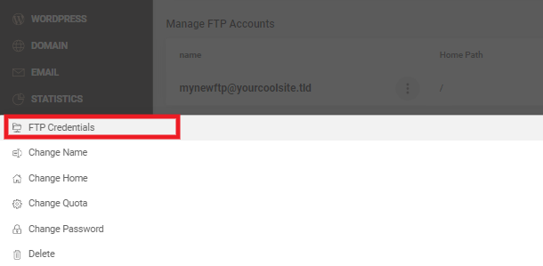 FTP account options at Siteground