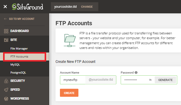 Creating a new FTP account at Siteground