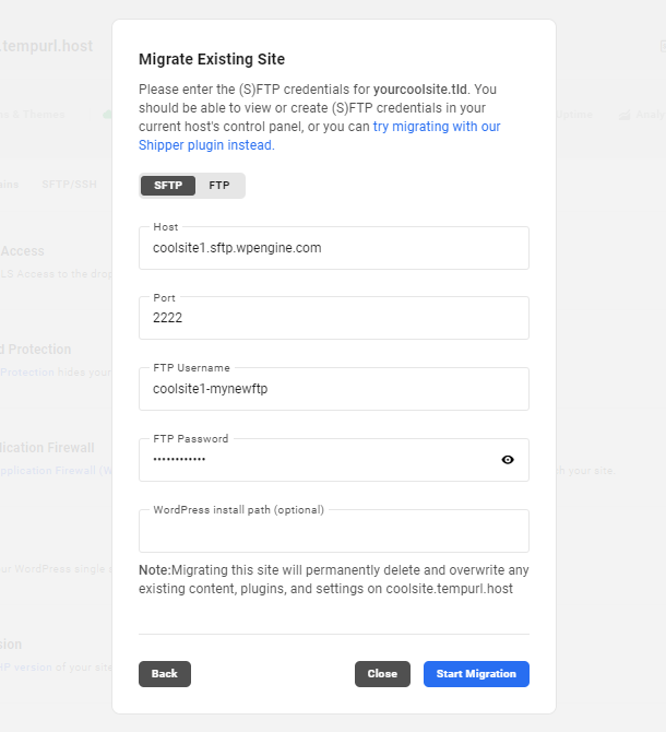Adding FTP credentials to Hub migration tool