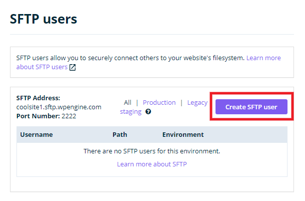 Creating a new FTP account at WP Engine