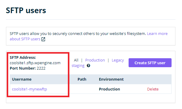 New FTP account created at WP Engine