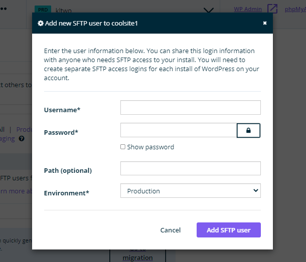 Creating a new FTP account at WP Engine