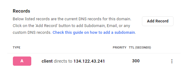 DNS record added in the Hub