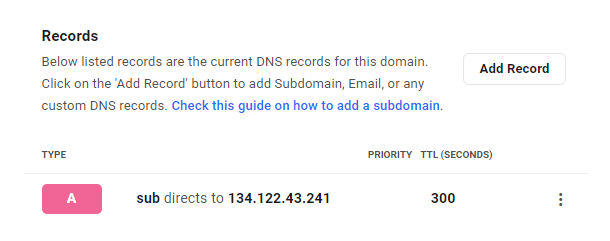 DNS record added in the Hub