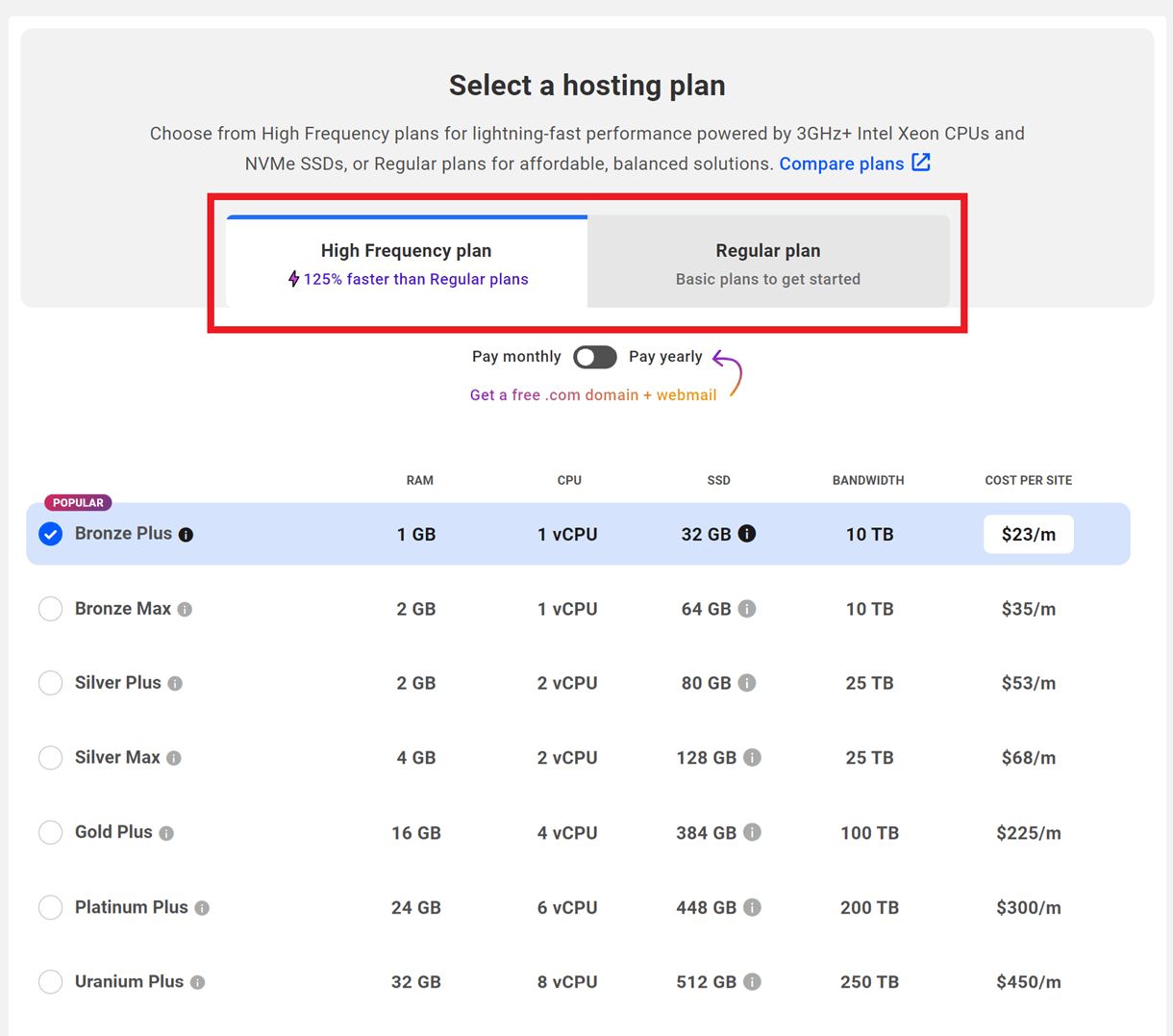 hosting freq plans