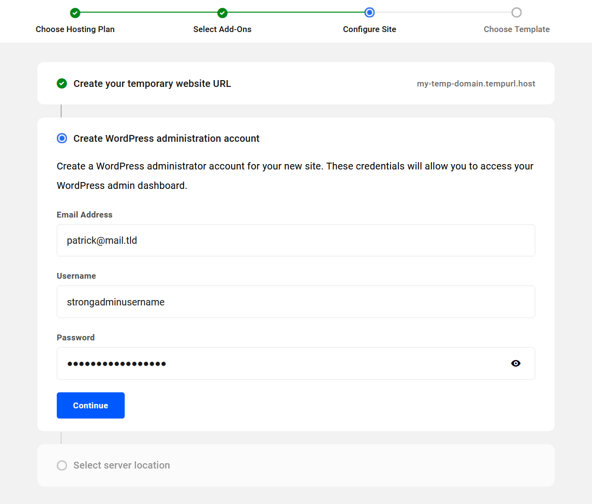 Create a WordPress admin account for your new hosted site