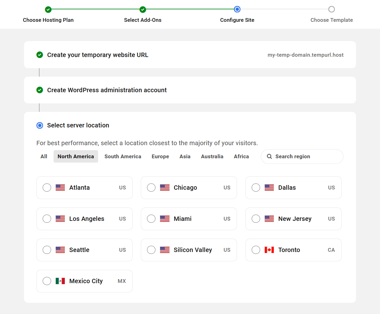 Select the hosting region for your new site