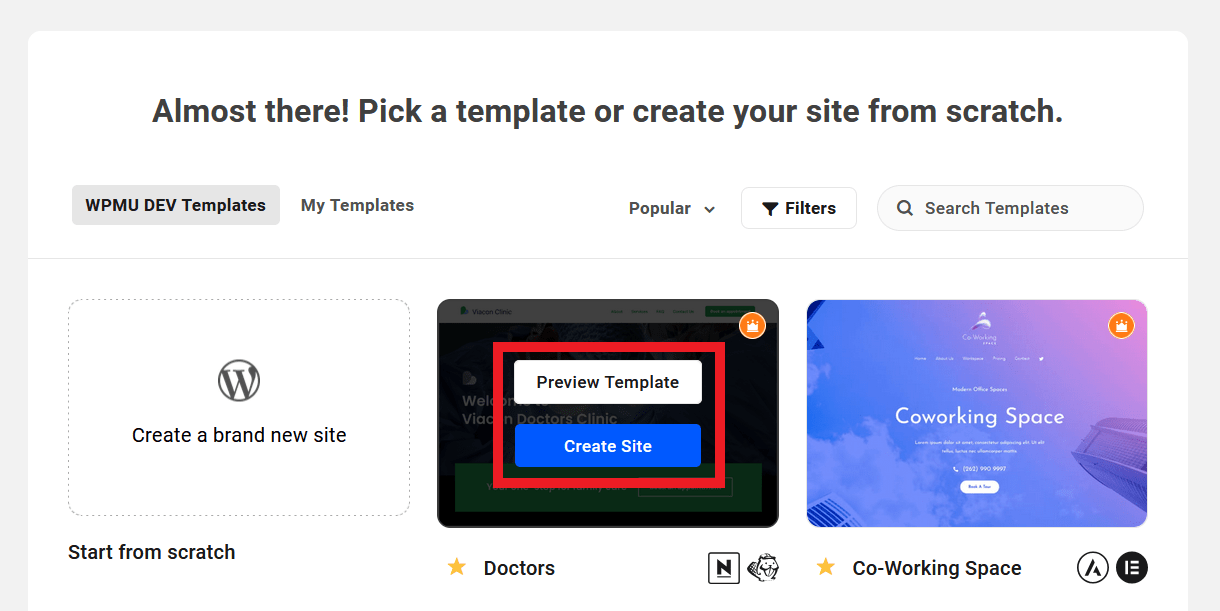 Preview site templates for your new site