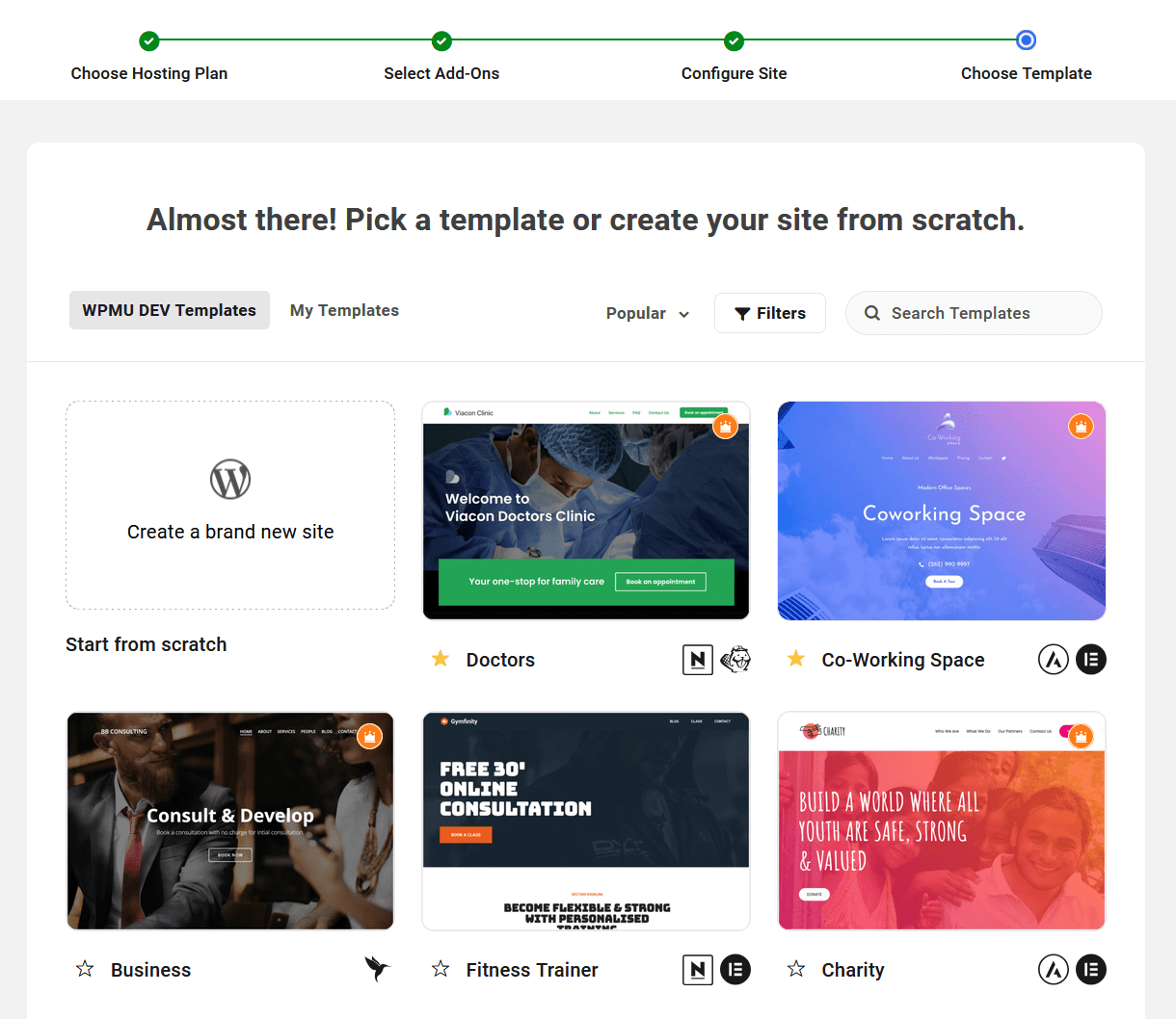 Select the site template for your new site