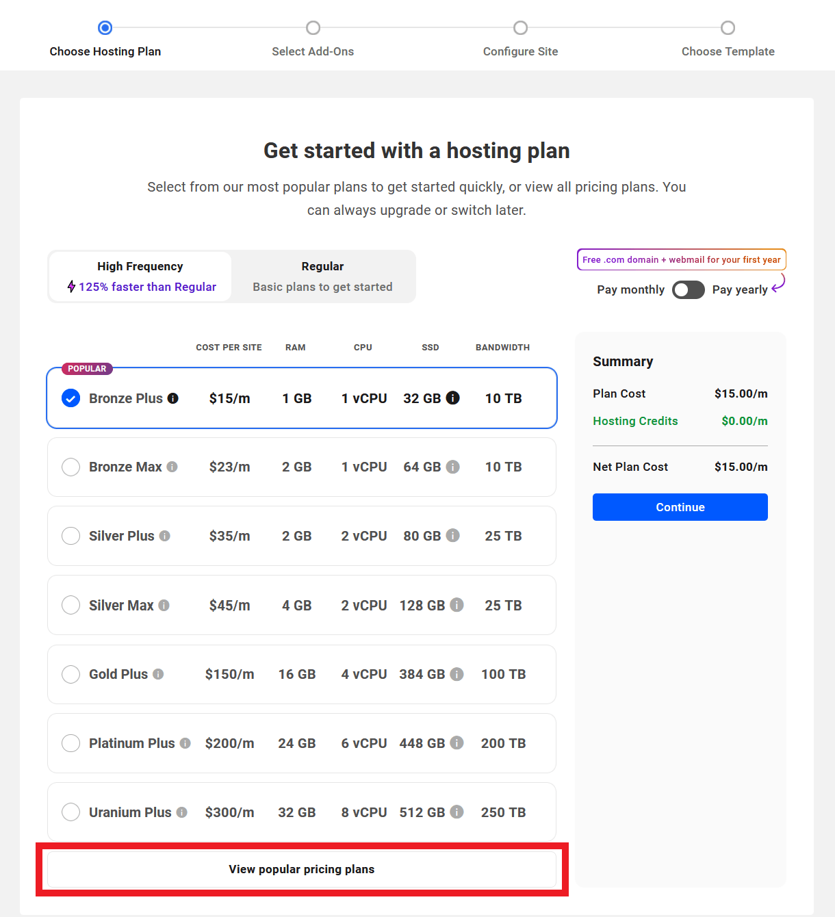 Select the hosting plan for your new site